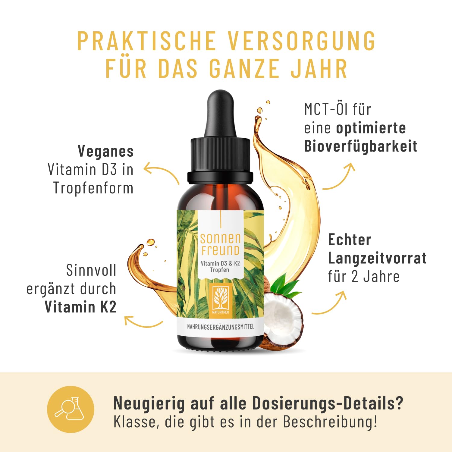 NATURTREU® Vitamin D3 K2 Tropfen hochdosiert & vegan - 100% pflanzlich (ohne tierisches Lanolin) - 1000IE Vitamin D + Vitamin K2 - Sonnenfreund 4