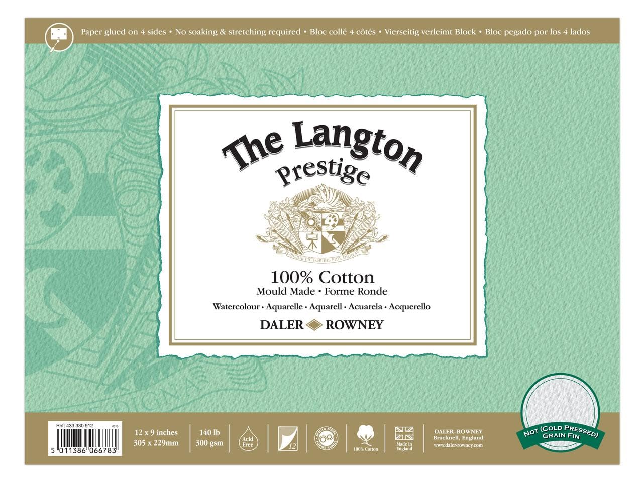 Daler-Rowney The Langton Prestige Watercolour Paper, Cold Pressed, 300 gsm, 140lb, Pad, Glued 4 Sides, 12 x 9in - 30.5 x 22.9 cm, Natural White, 12 Sheets