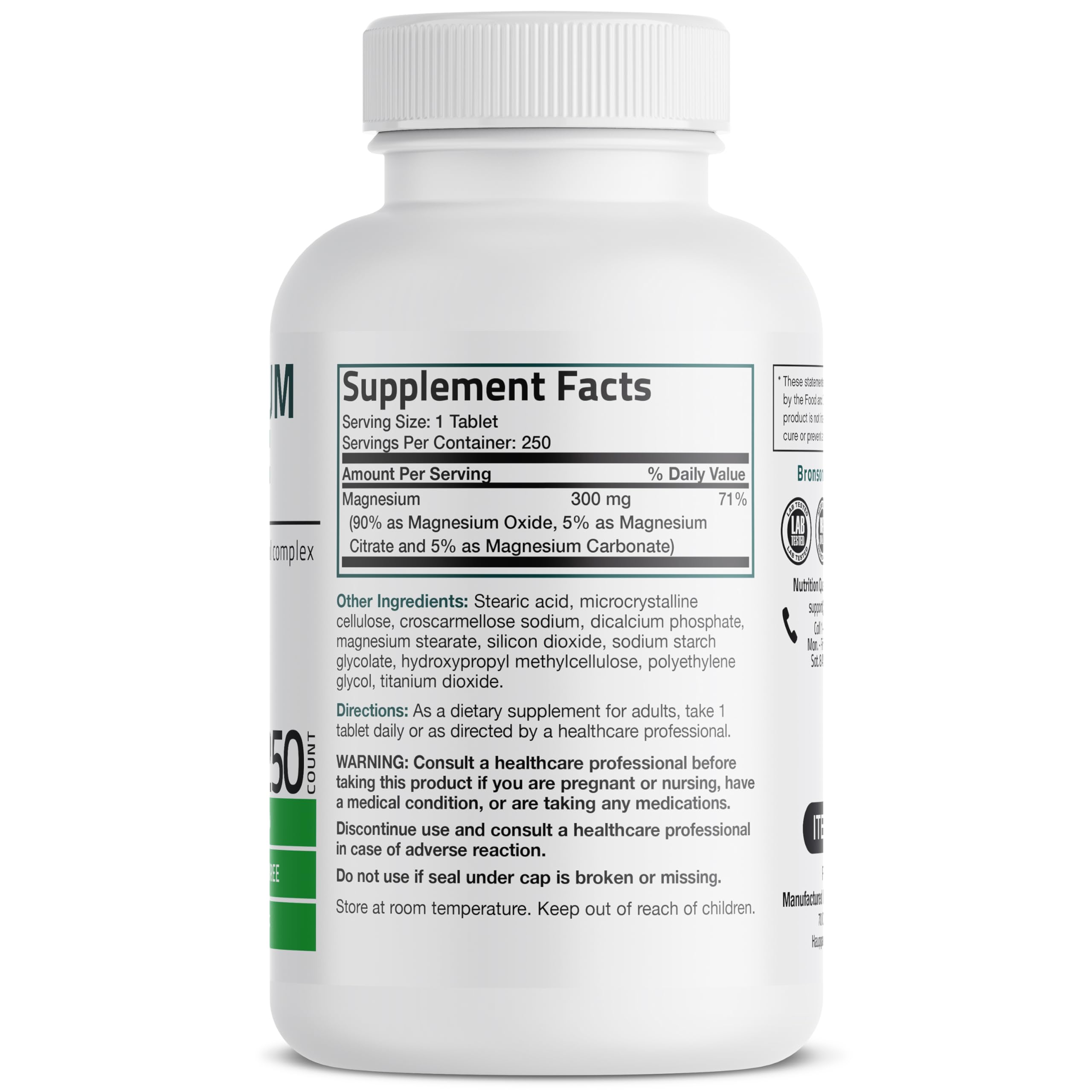 Bronson Triple Magnesium Complex Maximum Coverage 300mg - Non-GMO Formula, 250 Tablets