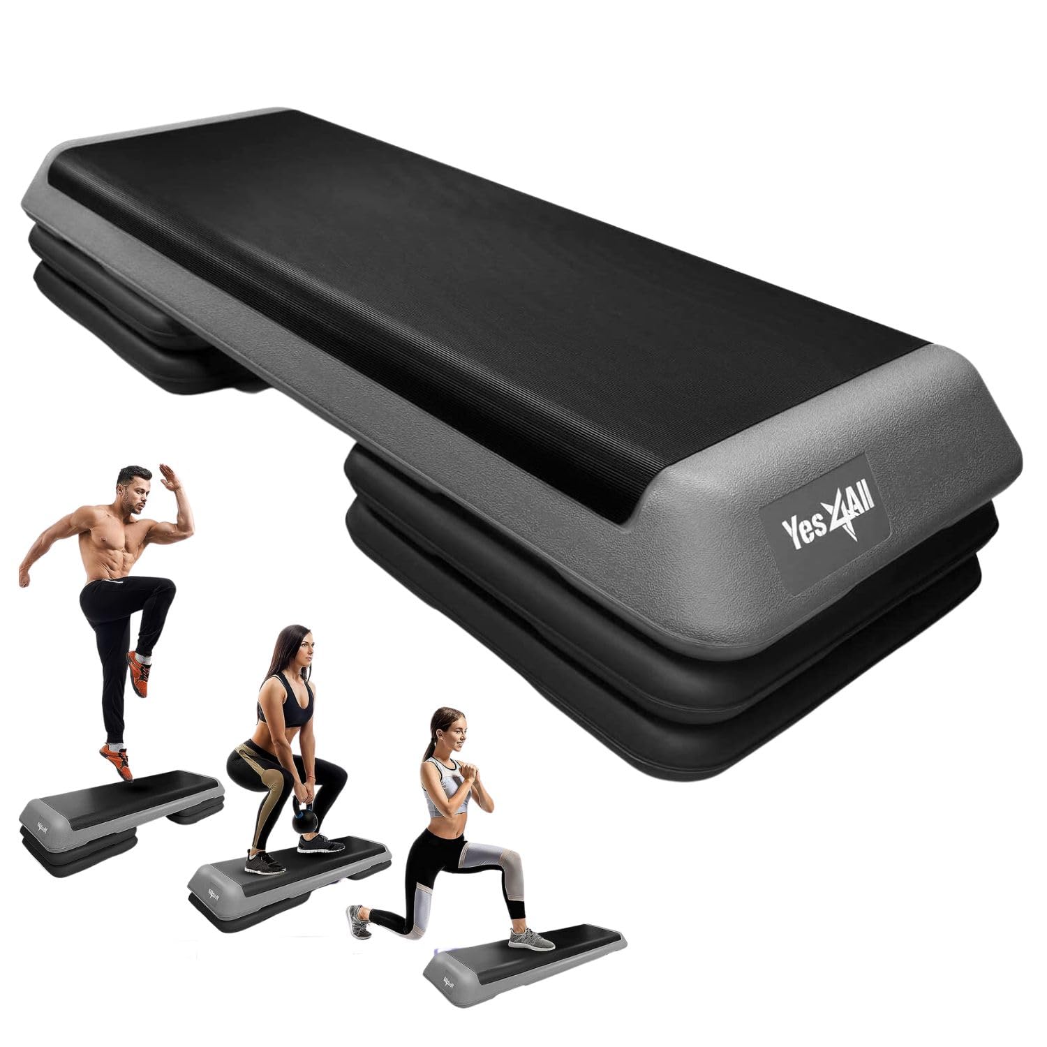 Photo 1 of Yes4All Adjustable Workout Aerobic Exercise Step Platform Health Club Size with 4 Adjustable Risers Included and Extra Risers Options - Gray Black