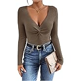 SOLY HUX Women's Twist Sweater V Neck Long Sleeve Ribbed Knit Fitted Pullover Tops Fall Winter Clothes