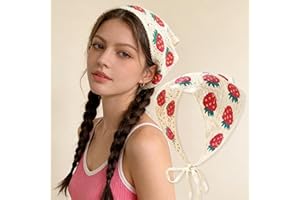Women Knitted Crocheted Hollow Triangle Head Scarf, Strawberry Pattern Beige Headscarf Hat, Soft Beach Hair Scarf for Vacatio