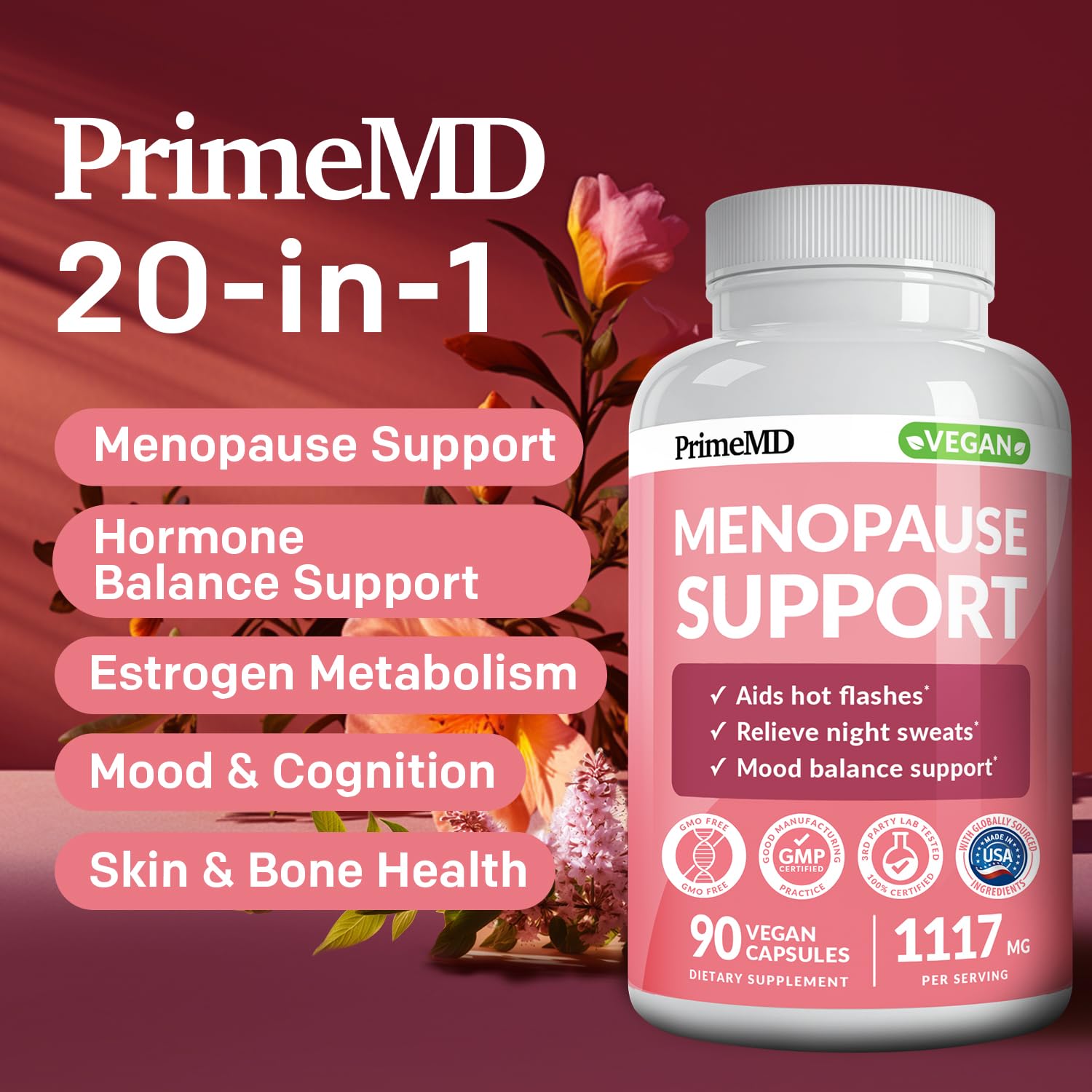 20-in-1 Menopause Supplements for Women - DIM and Estrogen Supplement for Menopause Relief and Hot Flashes with Black Cohosh, Evening Primrose, and Chasteberry (90 ct, 45 Servings)