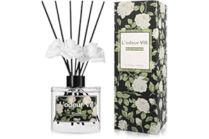 L'odeur Vill Reed Diffuser Set, 6.7 oz Vanilla Scented Diffuser with 6 Sticks, Reed Diffuser with 3 Artificial Rose Home Fragrance for Bathroom Shelf Decor