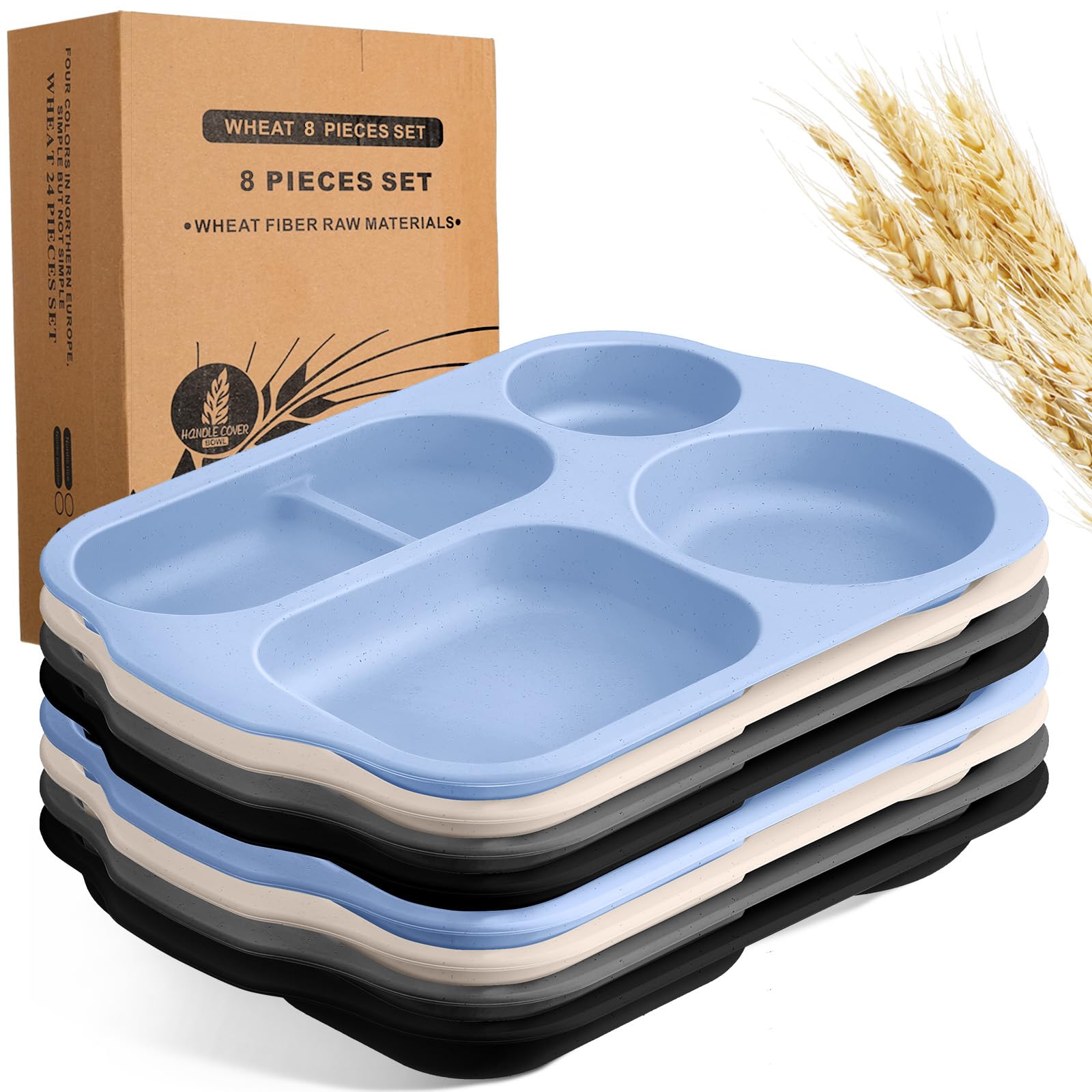 Photo 1 of Vesici 8 Pcs Large 12 Inch Unbreakable Divided Plates for Kids Adults - Wheat Straw Tray - Microwave Dishwasher Safe - Reusable Plastic Compartment Plates(Black, Dark Gray, Blue, Beige)