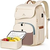 MATEIN Flap Backpack with Lunch Box, 15.6 Inch Womens Beige Laptop Backpack with USB-C Charging Port, Water Resistant Insulated Cooler Lunch Box Bag for College School Teacher