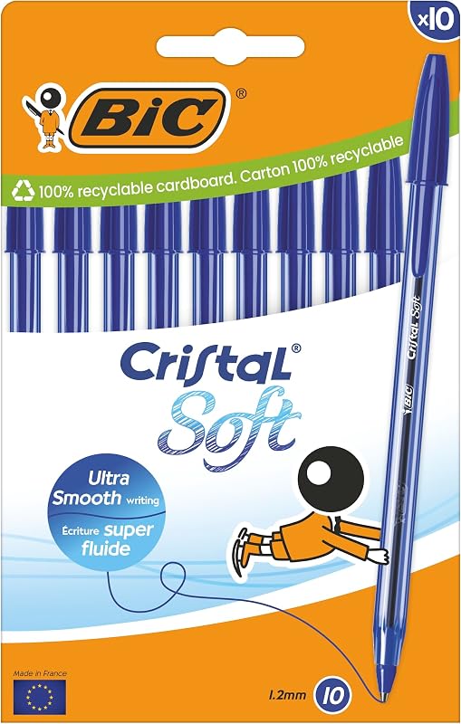 Cristal Soft Bolígrafos Bolitas Punta Media (1,2 mm) con tinta Easy Glide - Azul, Caja de cartón de 10