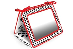 Genius Baby Toys Tummy Time Mirror for Babies 0-6 Months - Double-Sided with High Contrast Images - Baby Floor Mirror Can Be Used in Crib - No Hard Edges - Black White and Red