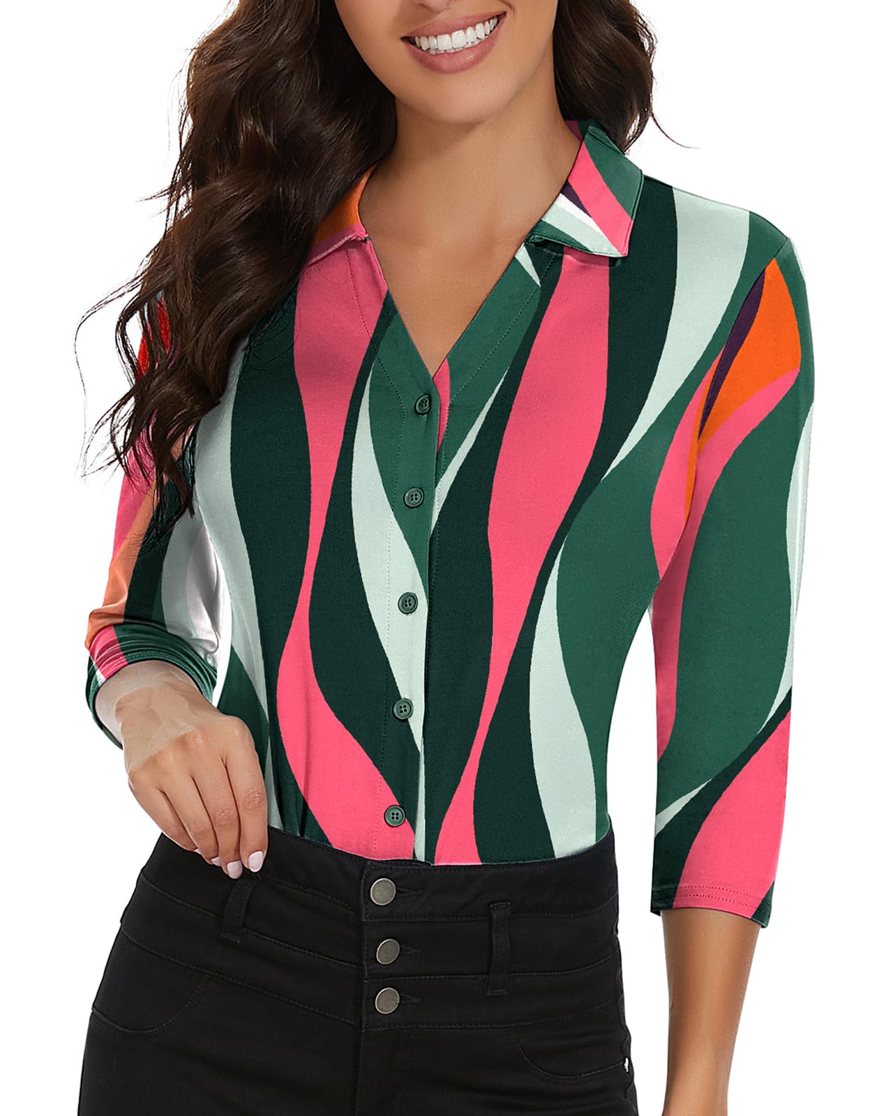Photo 1 of (SMALL) (USED/FAIR) 3/4 Sleeve Striped Button Down Shirt Women 3/4 Sleeve Polo Shirts Work Blouse small