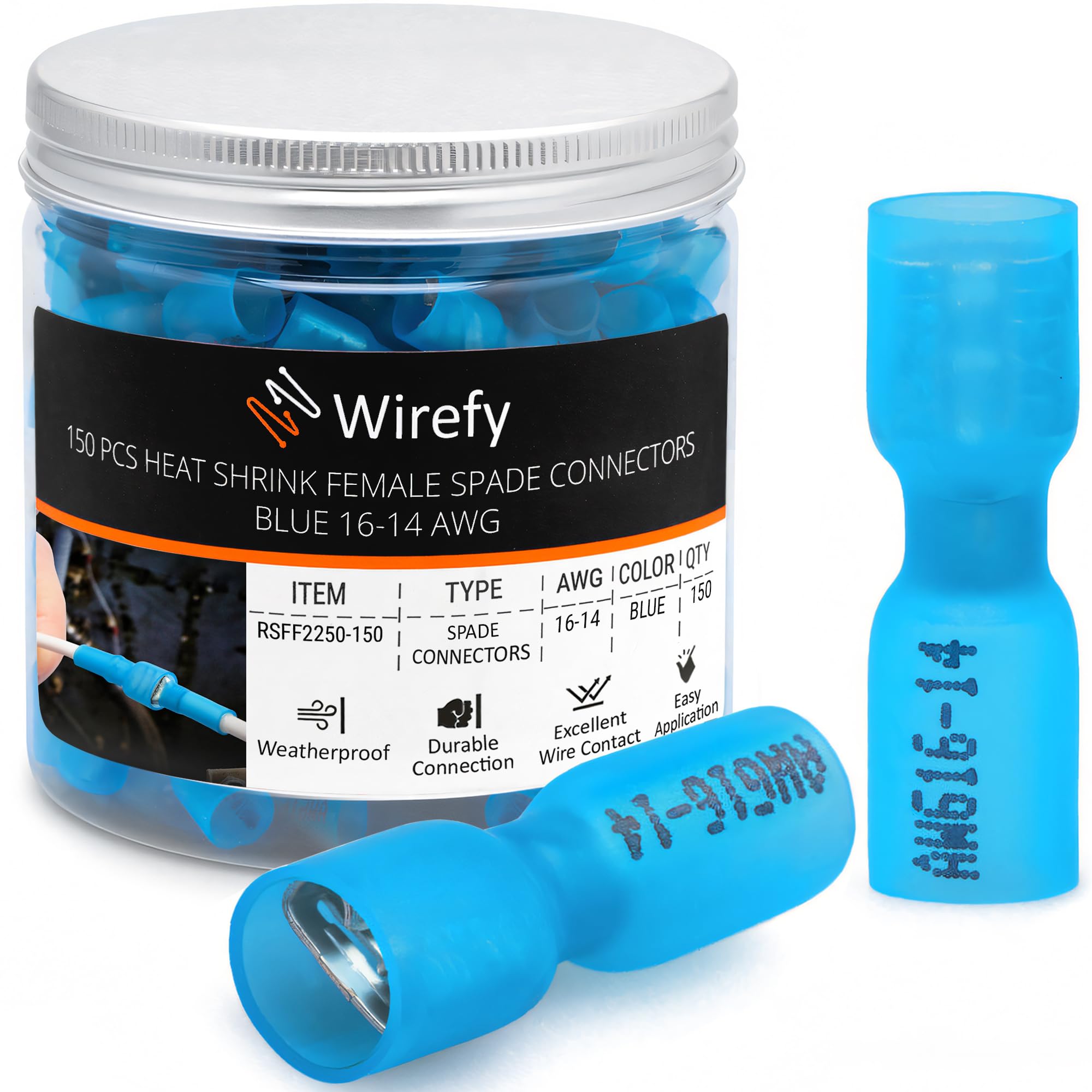 150 PCS Wirefy Female Spade Connectors - Heat Shrink Spade Connector Kit - Quick Disconnect Wire Connectors - Electrical Spade Terminals - Blue 16-14 Gauge