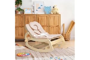 GLADSWING Baby Bouncer,Adjustable Baby Rocker, 3-in-1 Wooden Baby Rocker Chair with 5-Point Harness, Baby Recliner Seat for Infant to Toddlers,Beige