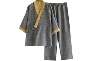 Men's Japanese Style Kimono Robe with Long Pants Pajamas Set Loose Kimono Yukata Pajamas Cotton Bathrobe