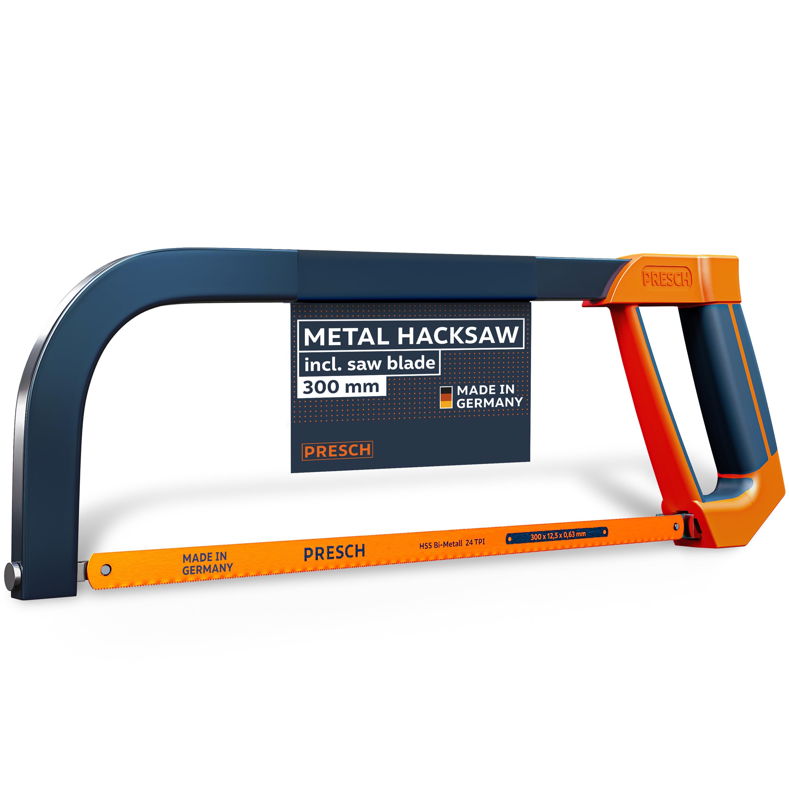 Presch Hacksaw 300mm - BI-Metal Saw Blade for Precise Cuts - 90° Rotating Blade for Horizontal & Vertical Cuts - Ergonomic Handle with Tension Key
