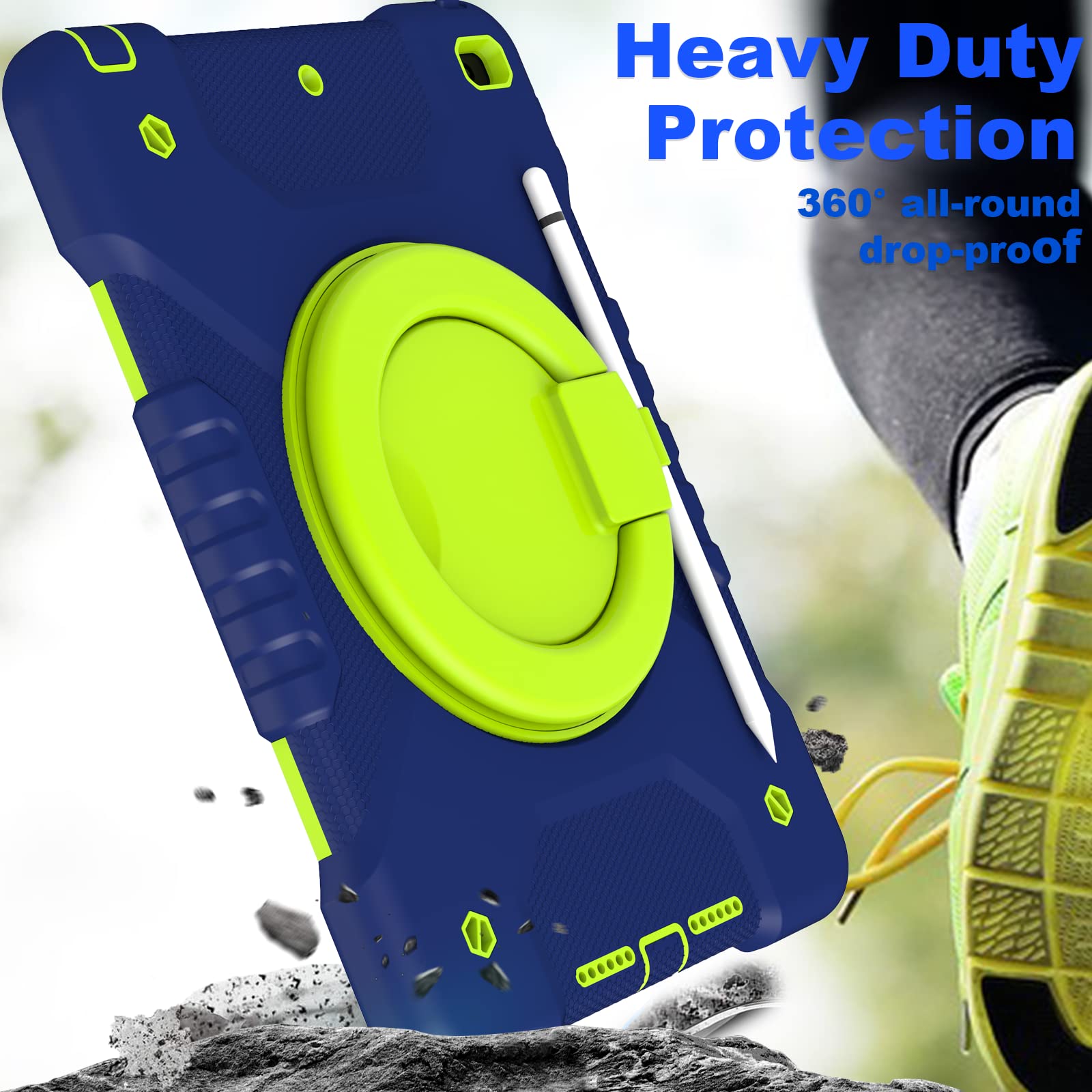 Andnary Case for iPad 9th/8th/7th Generation 10.2 inch, Shockproof Cover with Screen Protector/360° Rotating Handle/Bracket/Pen Holder/Shoulder Strap, Kids Case for iPad 2021/2020/2019 (Navy+Green)