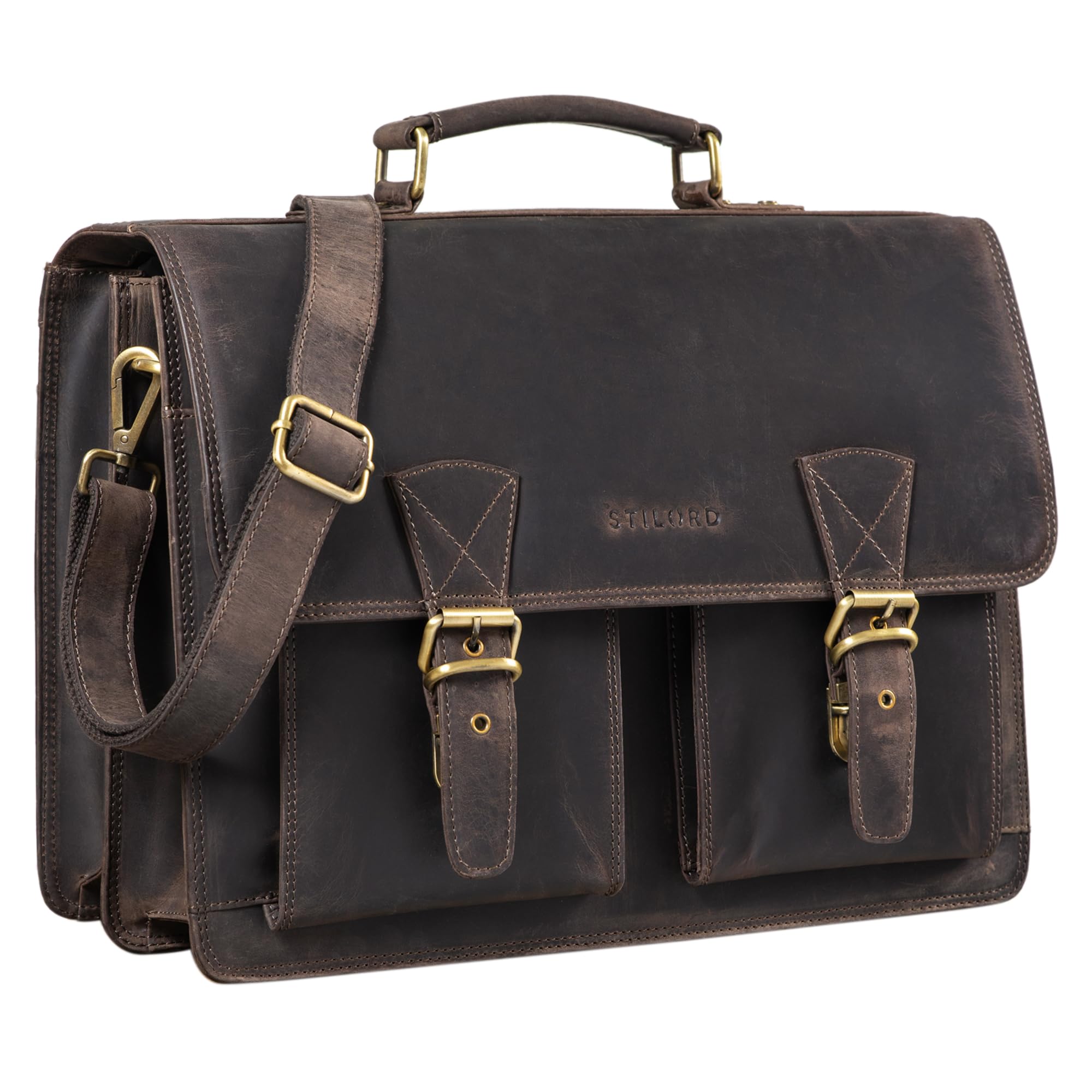 STILORD "Jeffrey Genuine Leather Teacher’s Bag – Large Vintage Briefcase for Men & Women – 15.6” Laptop Satchel with Shoulder Strap & Trolley Sleeve Colour:dark - brown