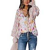 Dokotoo Ladies Summer Floral Printed Shirt for Women V Neck Henley Summer Chiffon T Shirts Bohemian Tops Tunic Blouses Small Pink