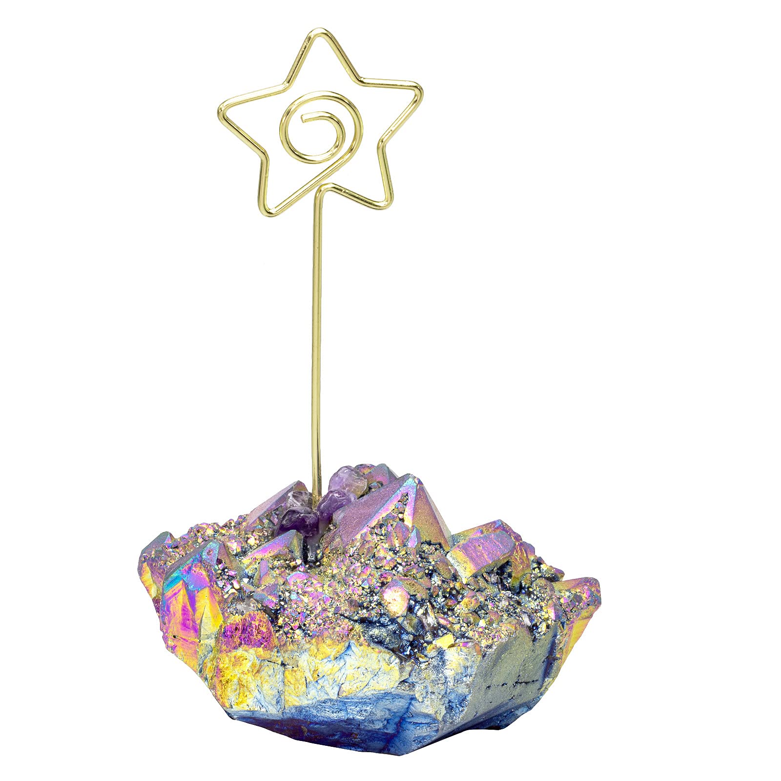 mookaitedecor Rainbow Aura Quartz Crystal Cluster Photo Memo Note Holder Clip Star Shape, Rainbow Crystal Gift Natural Stone Place Card Holder Stand Party Wedding Name Card Holder Office Home Decor