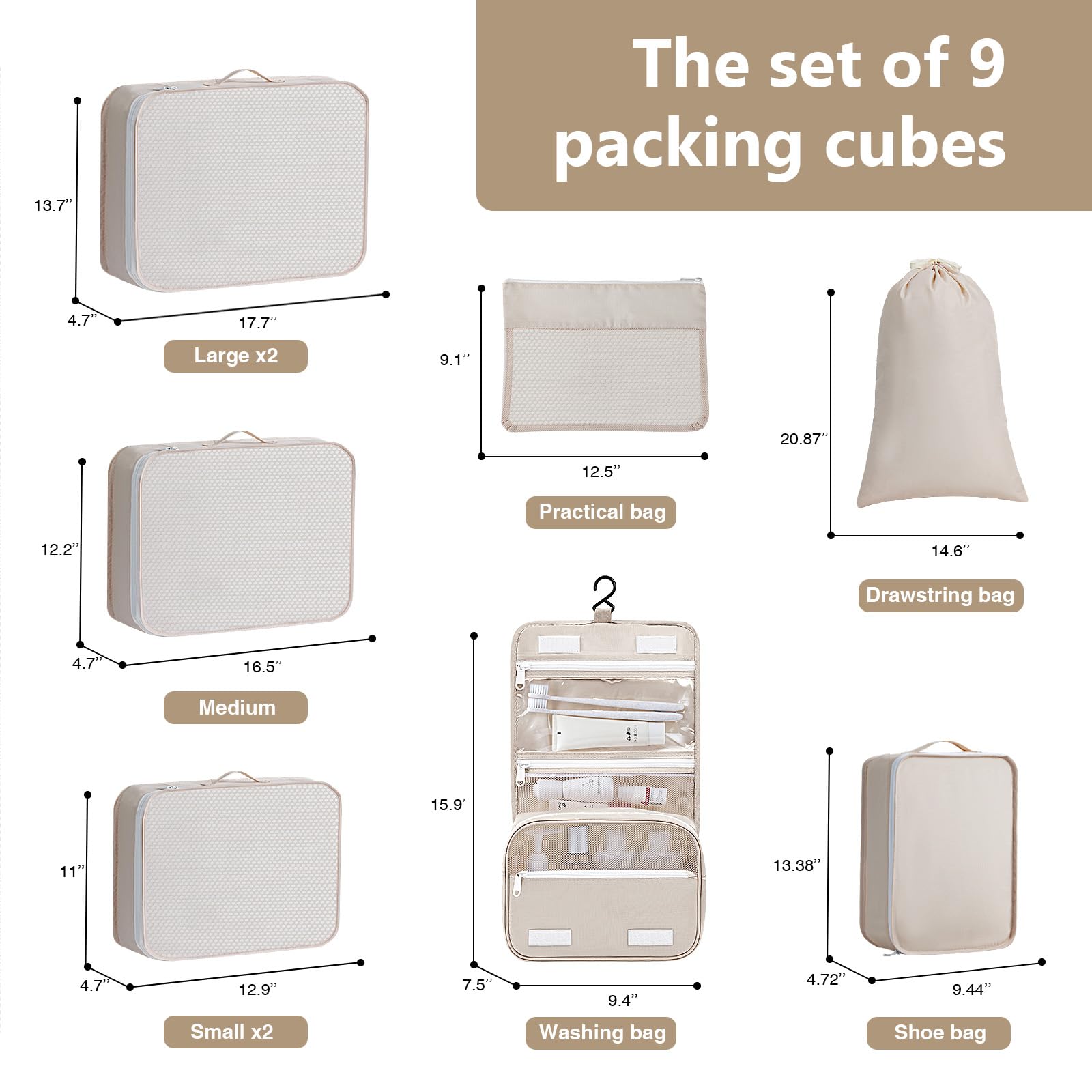 Easortm Easortm Packing Cubes for Travel - 9 Set Large Travel Cubes Luggage Organizer Bags Set With Laundry Bags/Shoe Bag/Toiletry Bag (Beige)