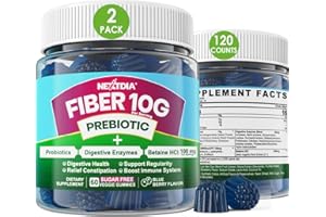 NEXTDIA Fiber Gummies for Adults, Sugar Free 10g Prebiotic Fiber Supplement with Digestive Enzymes, Probiotics & 100mg Betaine for Digestive & Gut Health and Regulate Bowel Movement, Vegan, Gelatin Free,120ct