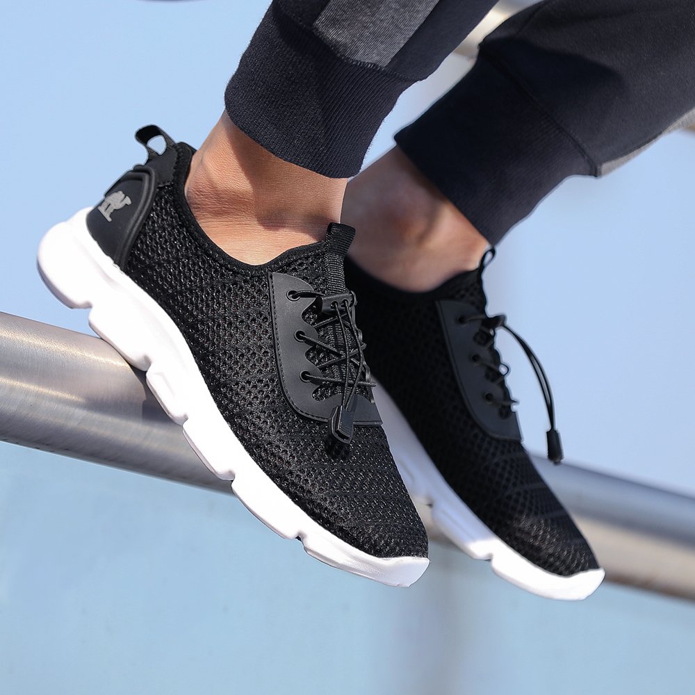 CAMEL SHOES Popular Unisex Casual Walking Shoes Lightweight Trainers Mesh Upper Sneakers Flat Running Fitness Athletic Shoe for Boys Girl Teens, Black, UK9.5/EU44