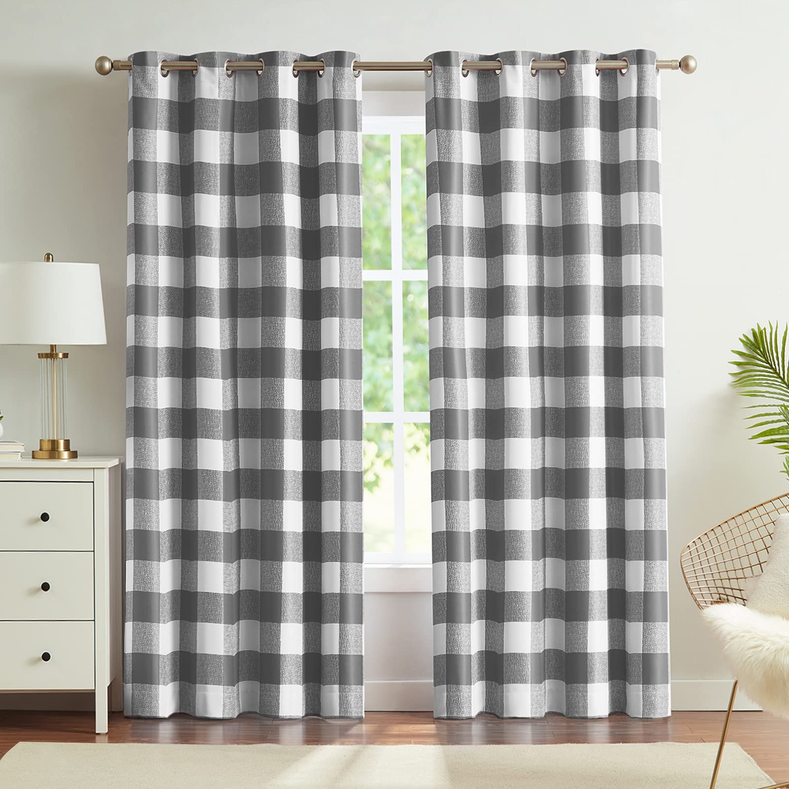 melodieux buffalo check plaid blackout curtains 72 inches long for bedroom, living room thermal insulated room darkening grommet drapes, grey, 50 x 72 inch, 2 panels