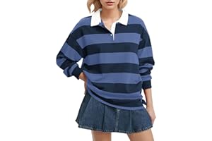 Lenader Women Long Sleeve Striped Polo Shirt Oversized Collar Y2k Pullover T Shirt Casual Loose Streetwear Rugby Sweatshirt