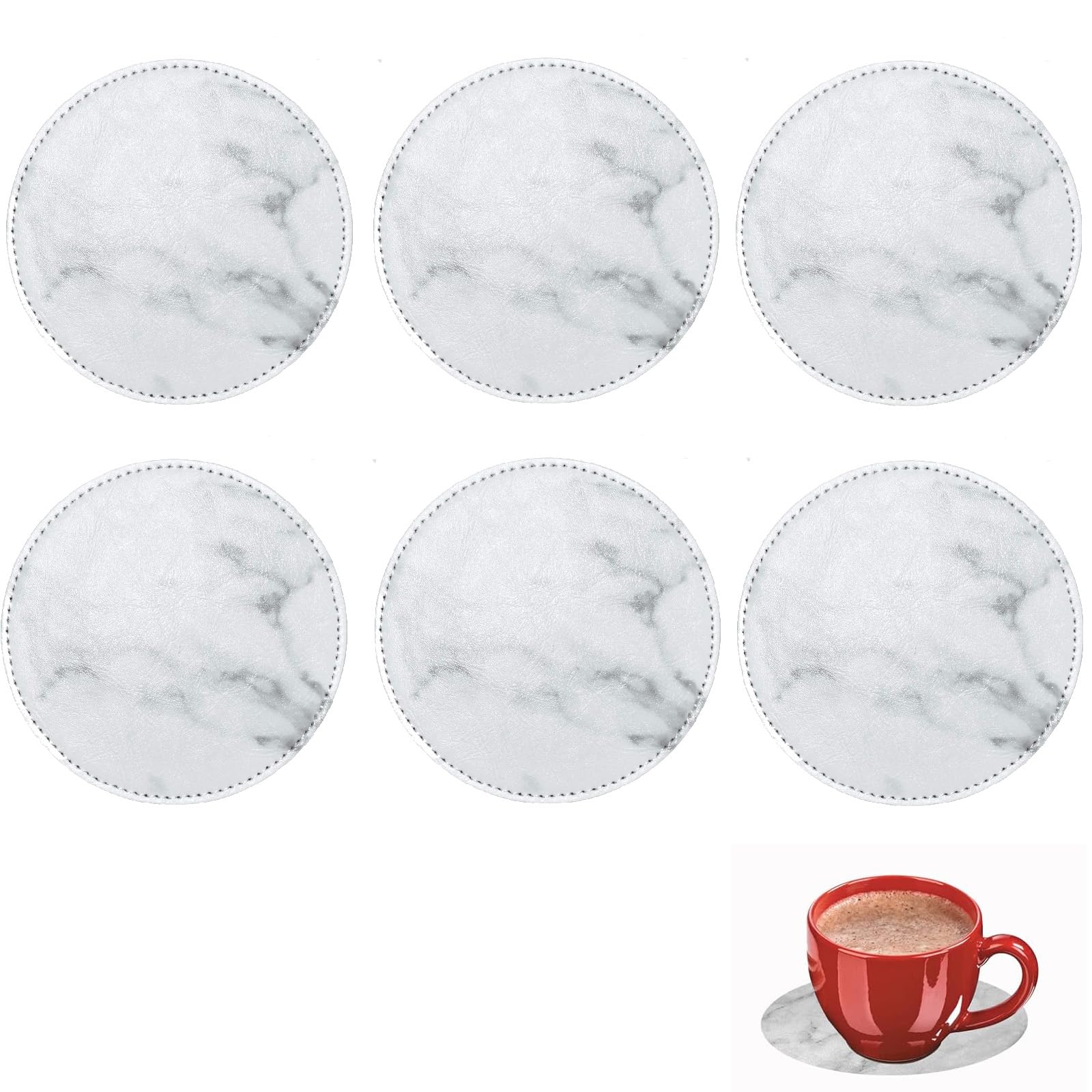 6 PCS White Marble Coasters With Cork Base - Round Pattern for Various Cups, Tables & Home Decor, Glass Tabletop Protection