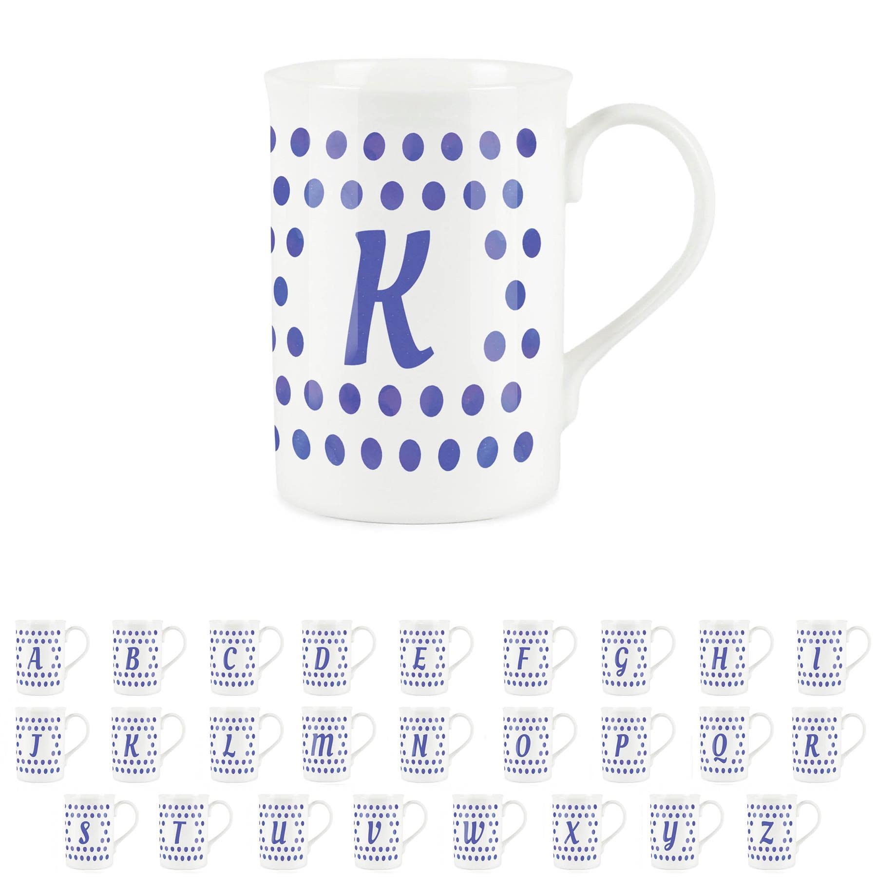 Purely Home Indigo Polka Dots Spots Letter K Mug - Fine Bone China Alphabet Initials Gift/Present Mug