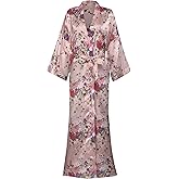 Women's Long Kimono Robes Silky Floral Bathrobe with Blossoms Printed Bridesmaid Wedding Nightgown