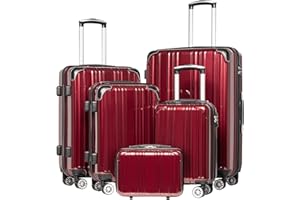 Coolife Luggage Expandable(only 28") Suitcase PC+ABS Spinner 20in 24in 28in Carry on (wine wind new, 5 piece set)