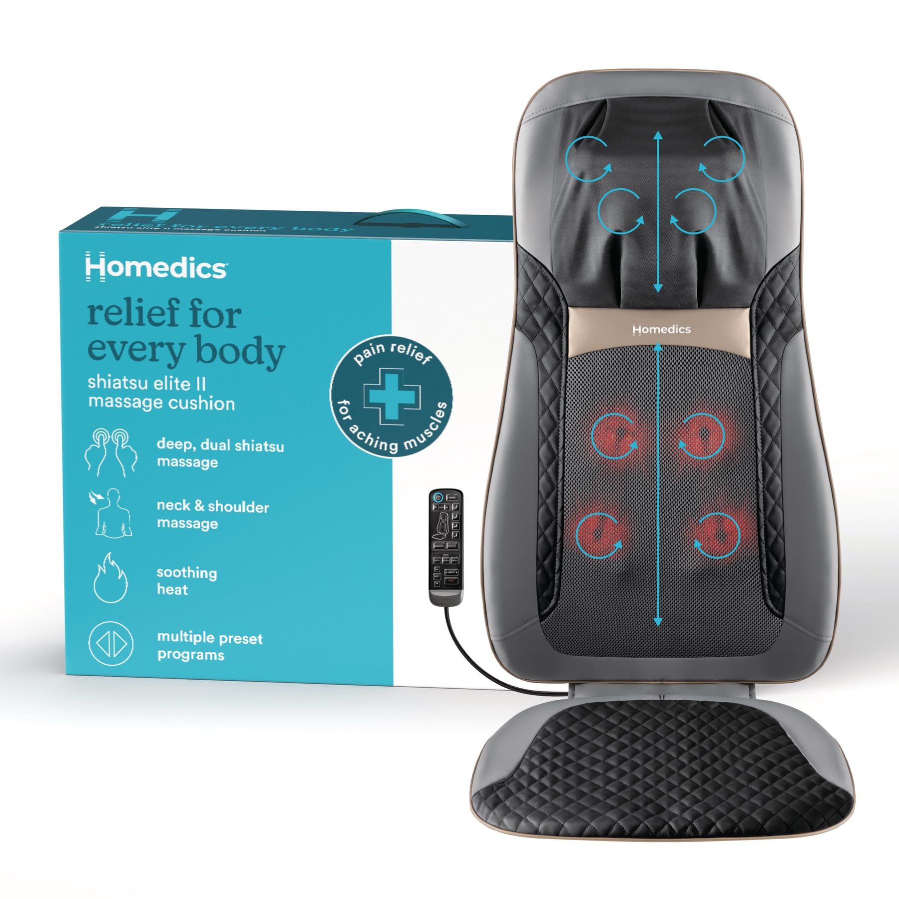 Photo 1 of Homedics Back Massager with Heat, Shiatsu Elite II Heated Neck and Back Massage Cushion. 3 Different Massage Styles and 3 Massage Zones. Comes with Controller and Chair Straps