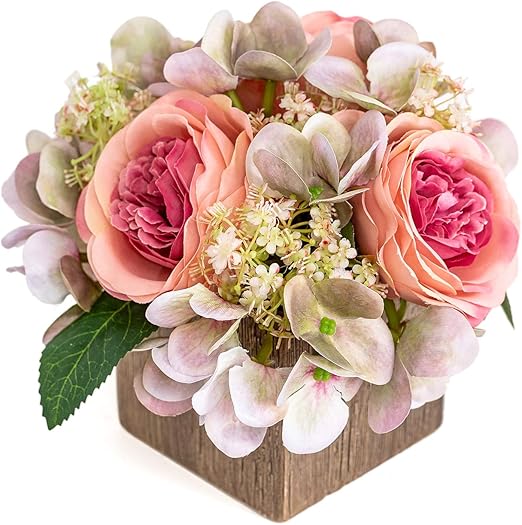 Amazon Com Queen Bee Artificial Silk Flowers In Vase Fake Pink Roses 3 Heads And Hydrangeas With Ceramic Vase For Home Wedding Bathroom Decor Nightstand Decoration Home Accent Small 7 Kitchen Dining