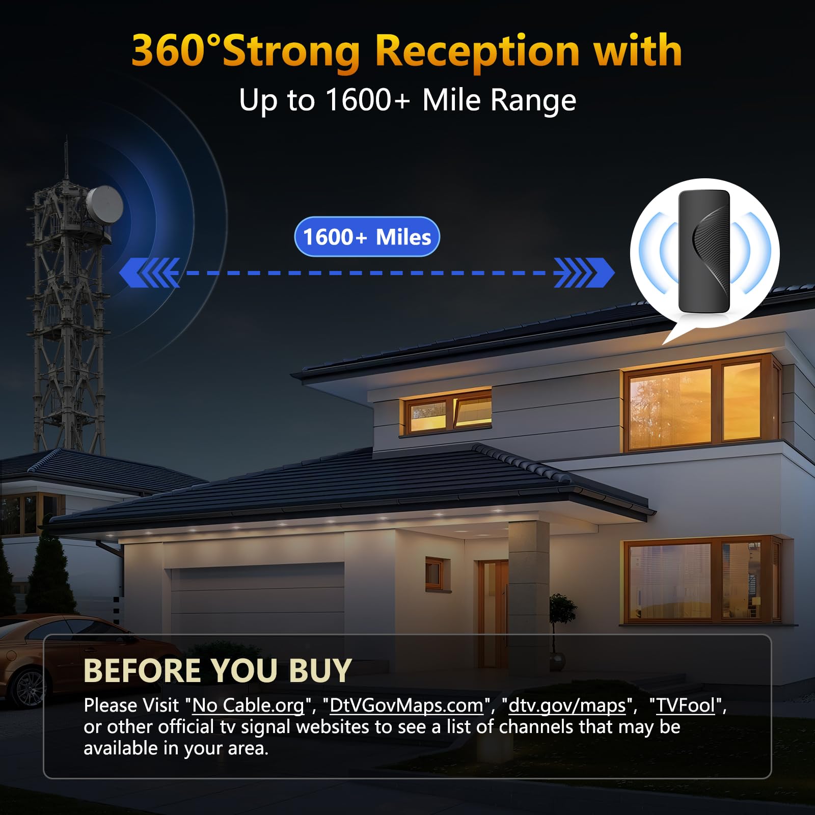 2025 Upgraded TV Antenna for Smart TV, 1600+ Miles Range, Indoor/Outdoor Digital Antenna for Local Channels, HD 4K Support, Amplified Signal Booster, Clear Reception for 1080p 4K TVs