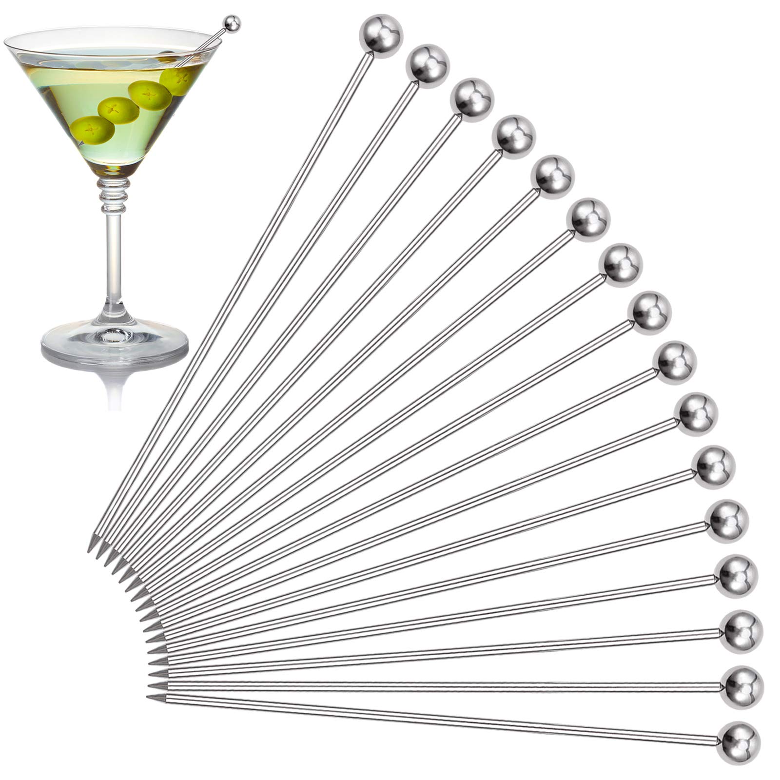Cocktail Picks, 16PCS Upgrade Stainless Steel Toothpicks Martini Olive Skewers, Reusable Metal Drinks Skewers Garnish Sticks