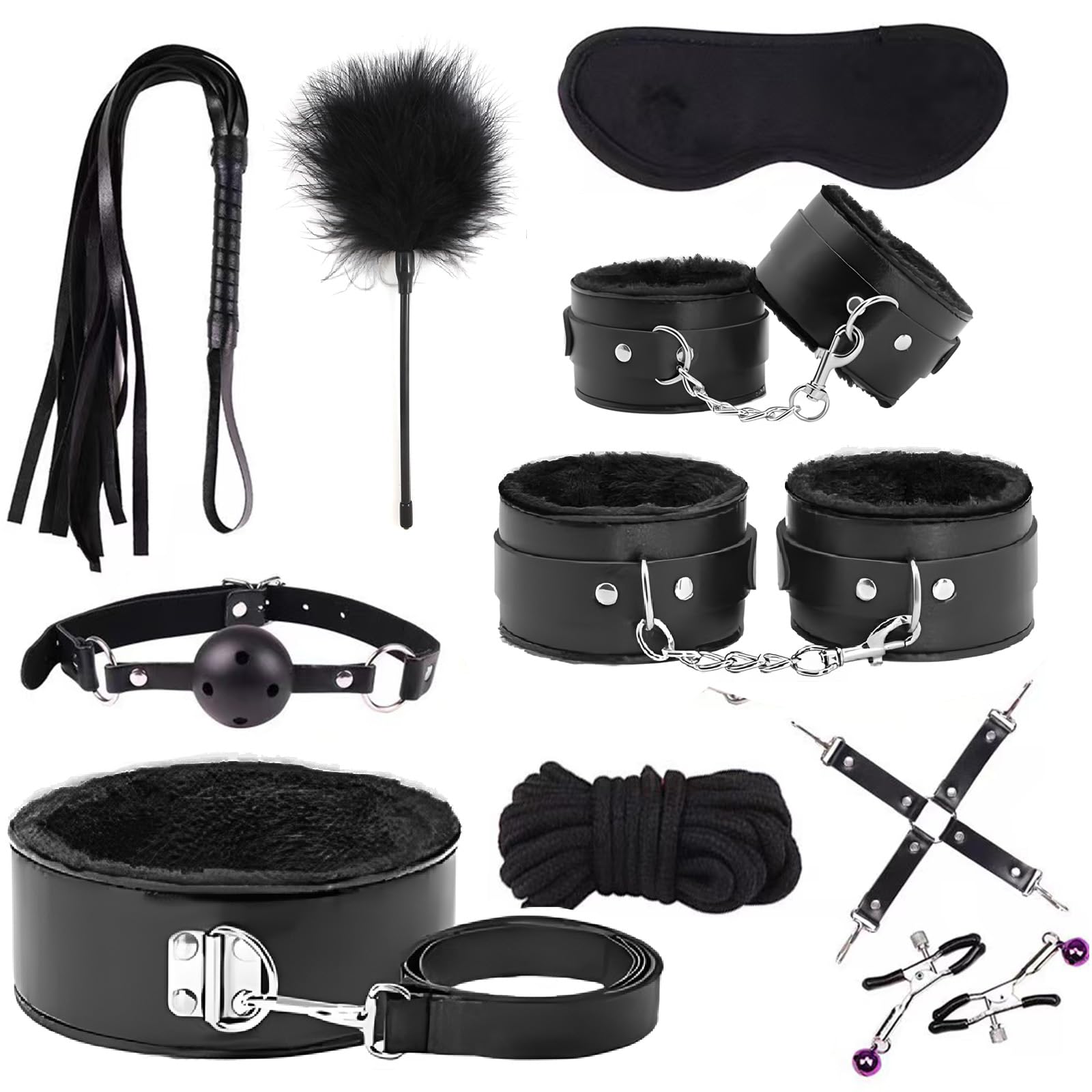 Photo 1 of 10 PCS Sex Bondage BDSM Kits Restraints, Fetish Handcuffs Ankle Cuff Collar Blindfold Whip Rope Nipple Clamps Paddle Anal Toys Ball Gag Adult Games Foreplay Sexy Toys for Couples (Black)