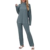 Simlakey Women 2 Piece Lounge Set Long Sleeve Pajama Set Casual High Neck Loungewear Ribbed Knit Winter Warm Matching Outfit