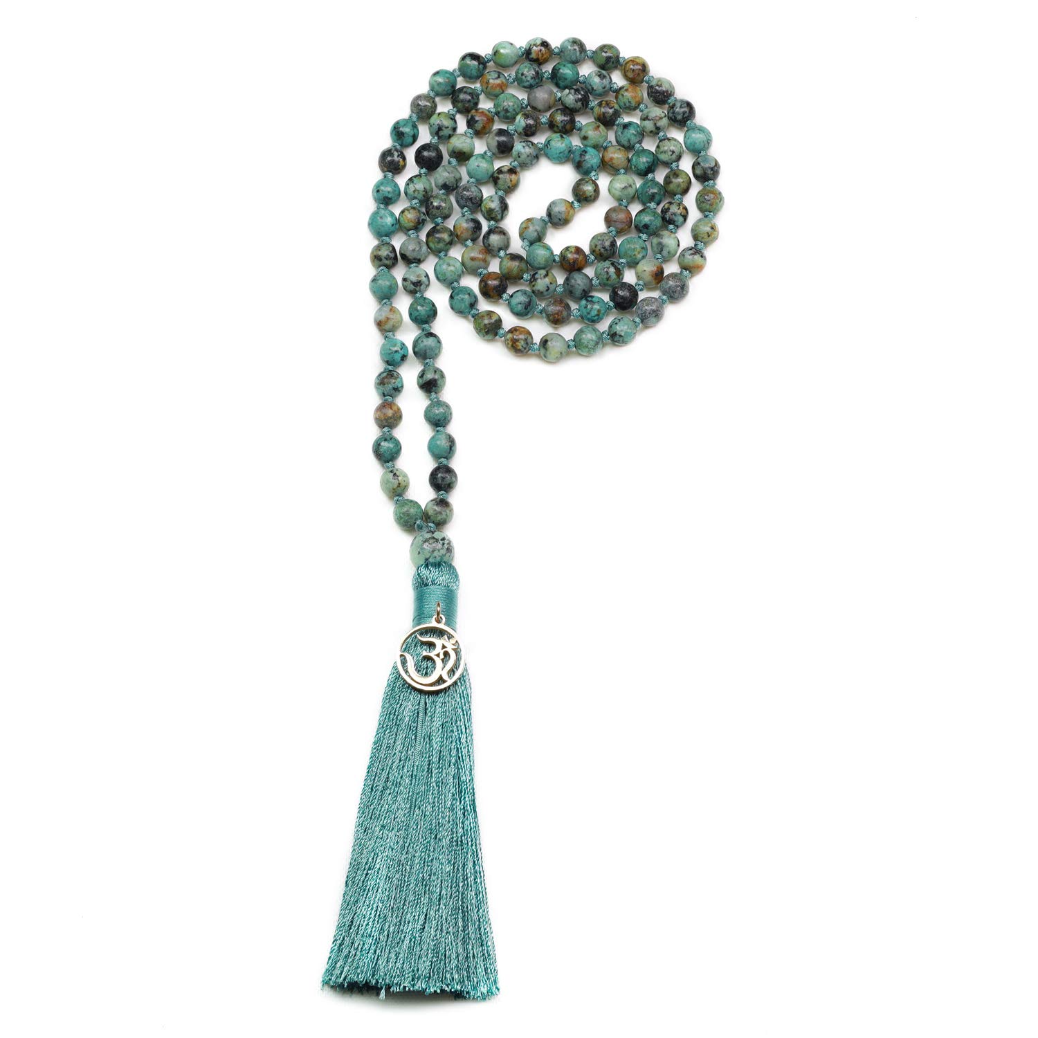 COAI OM Charm Hand Knotted Tassel 108 Mala Beads African Turquoise Stone Beaded Necklace 6mm