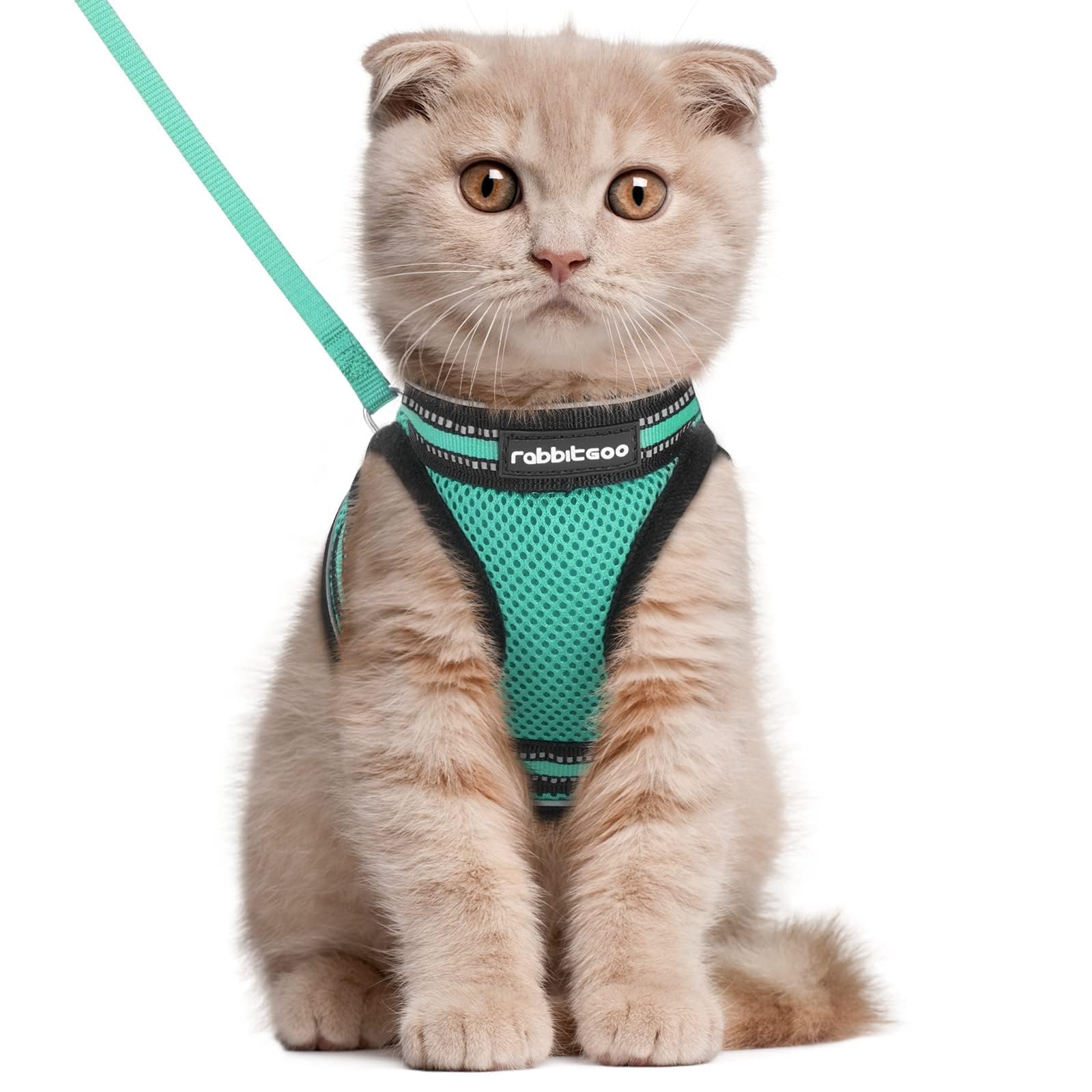 rabbitgoo Cat Harness and Leash Set for Walking Escape Proof, Adjustable Soft Kittens Vest with Reflective Strip for Extra Small Cats, Comfortable Choke-Proof Outdoor Vest Harness, Green, Large