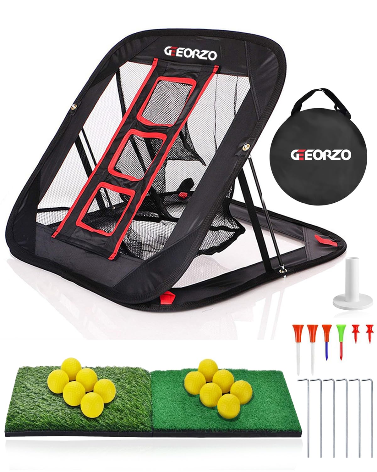 Golf Chipping Net, GEEORZO Pop Up Practice Net, Swing Training Aid for Backyard Outdoor Indoor - Golf Gift for Men Women (Net+Mats+Balls(Black))