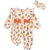 Newborn Baby Girl Halloween Outfit Cotton Linen Pumpkin Jumpsuit Romper Ruffle Sleeve Bodysuit Long Overalls with Bow