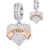 GEMDAZZ Family Theme Charm, 925 Sterling Silver Mother Father Daughter Son Sister Nana Wife Husband Grandma Friend Godmother Goddaughter Clear Pave Heart Pendant Beads, fit European Women Bracelet