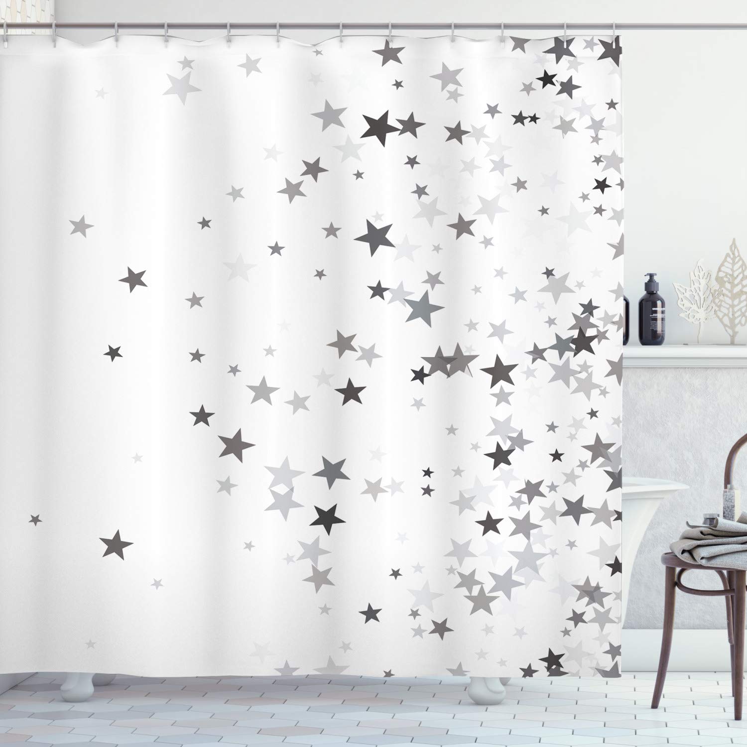ABAKUHAUS Stars Shower Curtain, Falling Stars Pattern Greyscale Composition Celebration Party Inspired Design, Cloth Fabric Bathroom Decor Set with Hooks, 94 Inches, Grey Pale Grey โ image 1