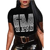 Women's Blessed Rhinestone Graphic Funny Cute Tops Letter Print Casual Loose Summer T-Shirt