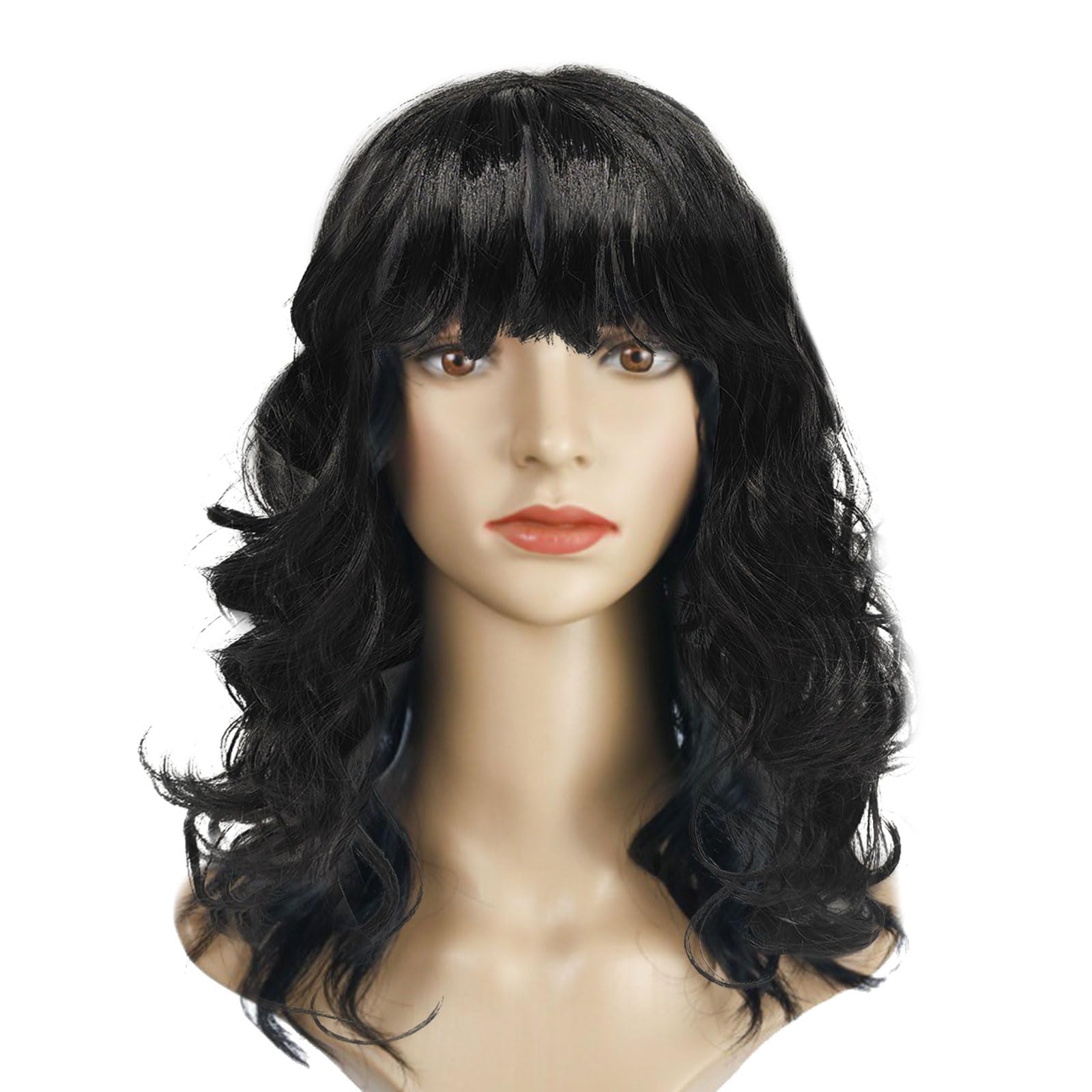 VIKSAUN Long Curly Fancy Dress Wigs with Hair Bangs for Women Natural Full Long Curly Wig Natuaral Synthetic Layered Hair Curled Wig For Cosplay Party Wigs Halloween Anime (Black)