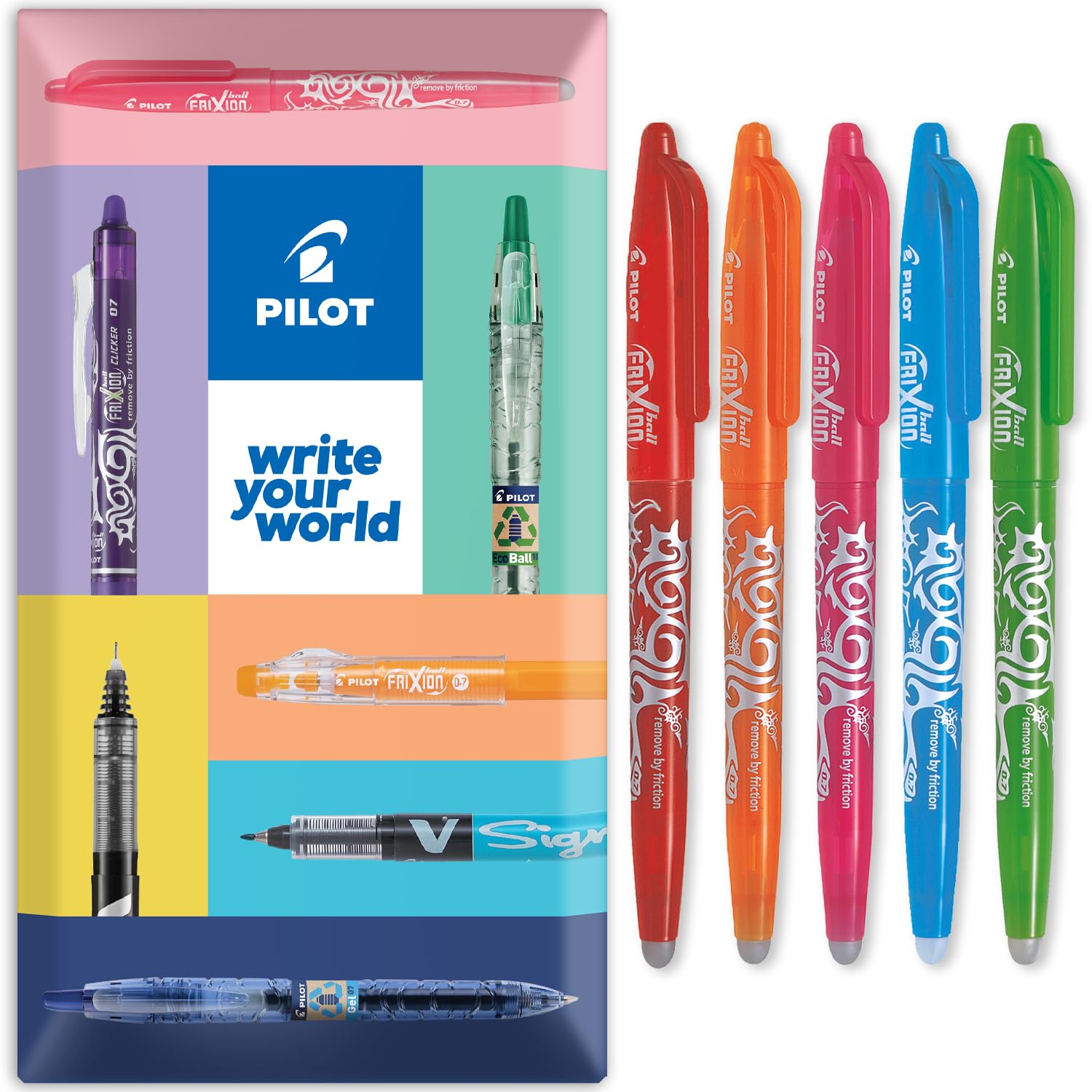 PILOT Frixion Heat/Friction Erasable Rollerball Pen FR7 - Medium Line 0.7mm Tip Nib - Bright Pack of 5 - In Envelope Gift Packaging - Red, Orange, Pink, Light Blue & Lime Green