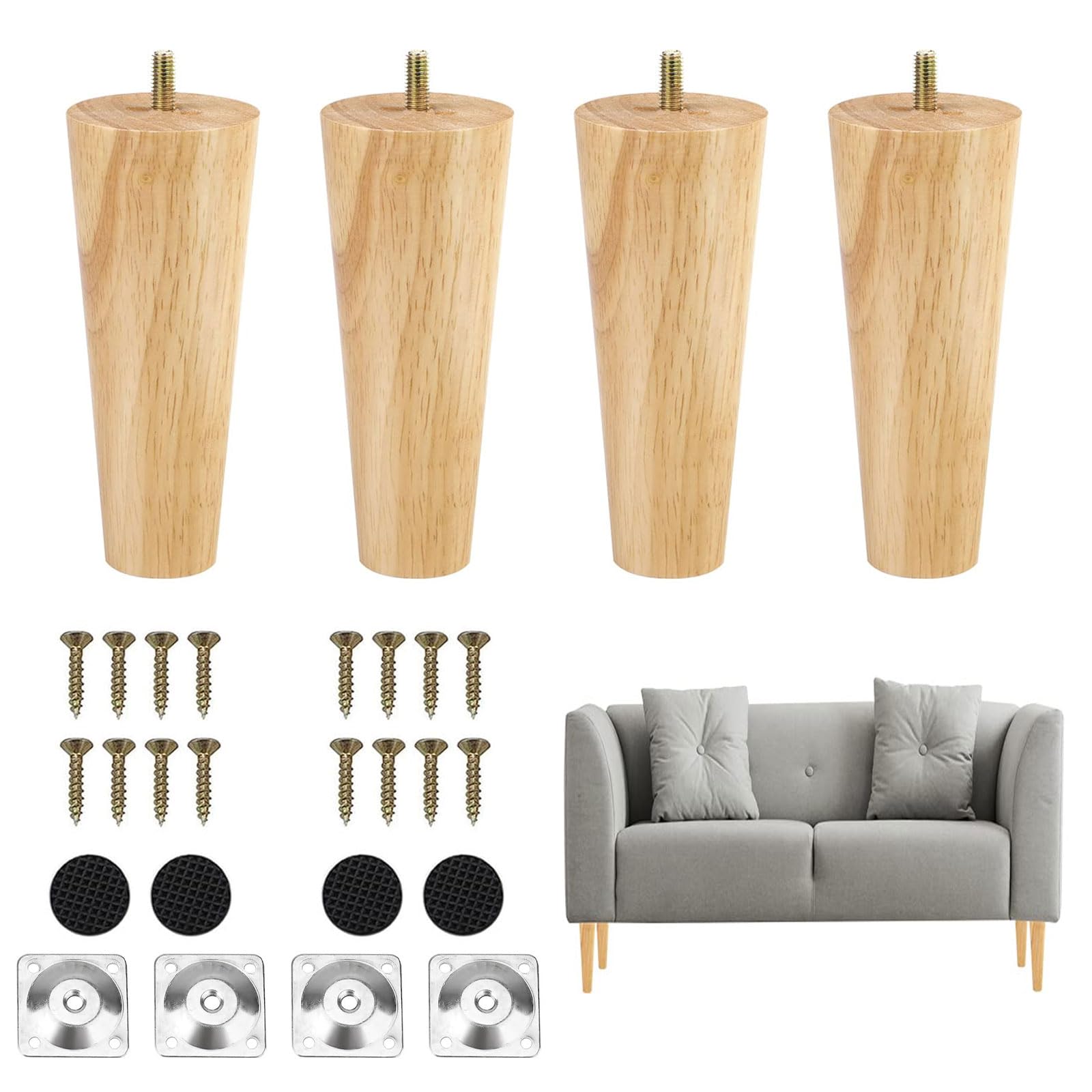 TAIANJI Wooden Furniture Legs 10cm Sofa Replacement Feet Solid Wooden Furniture Legs for Dresser, Tables, Couch, Chair, Ottoman, Cabinet etc, with Screws and Mounting Plates