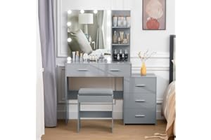 usikey 43.5in(L) Large Vanity Set, Vanity Desk with Mirror and 10 LED Lights, Makeup Vanity Table with Lights and 5 Drawers, Grey Vanity Table with Stool and Storage Shelves for Christmas Day, Grey