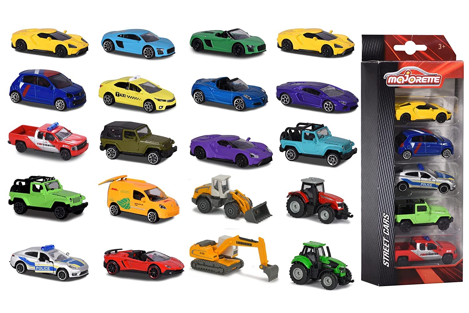 Majorette - 5 Toy Cars - 1 of 4 Different Sets with Freewheel and License, Miniature Model Car Set for Ages 3+ (7.5 cm each), Transparent