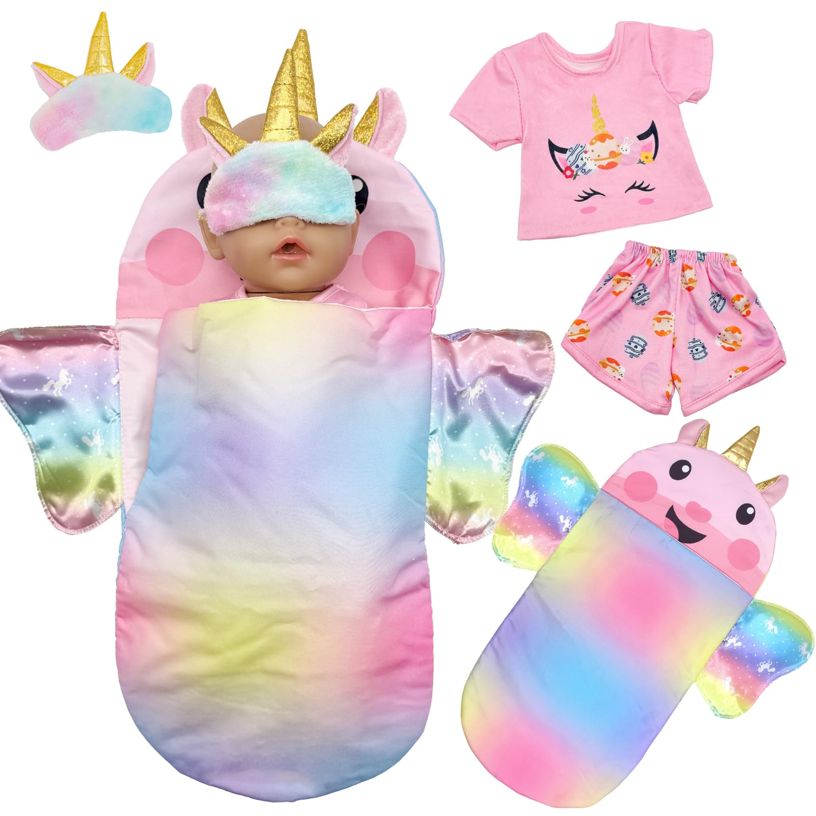 4 Pcs Baby Doll Clothes for 14-18 Inch Dolls, 35-43cm Cute Pony Doll Clothes with Sleeping Bag + Eye Patch + Top + Pants, Sweet Doll Outfits Gift(No Doll)