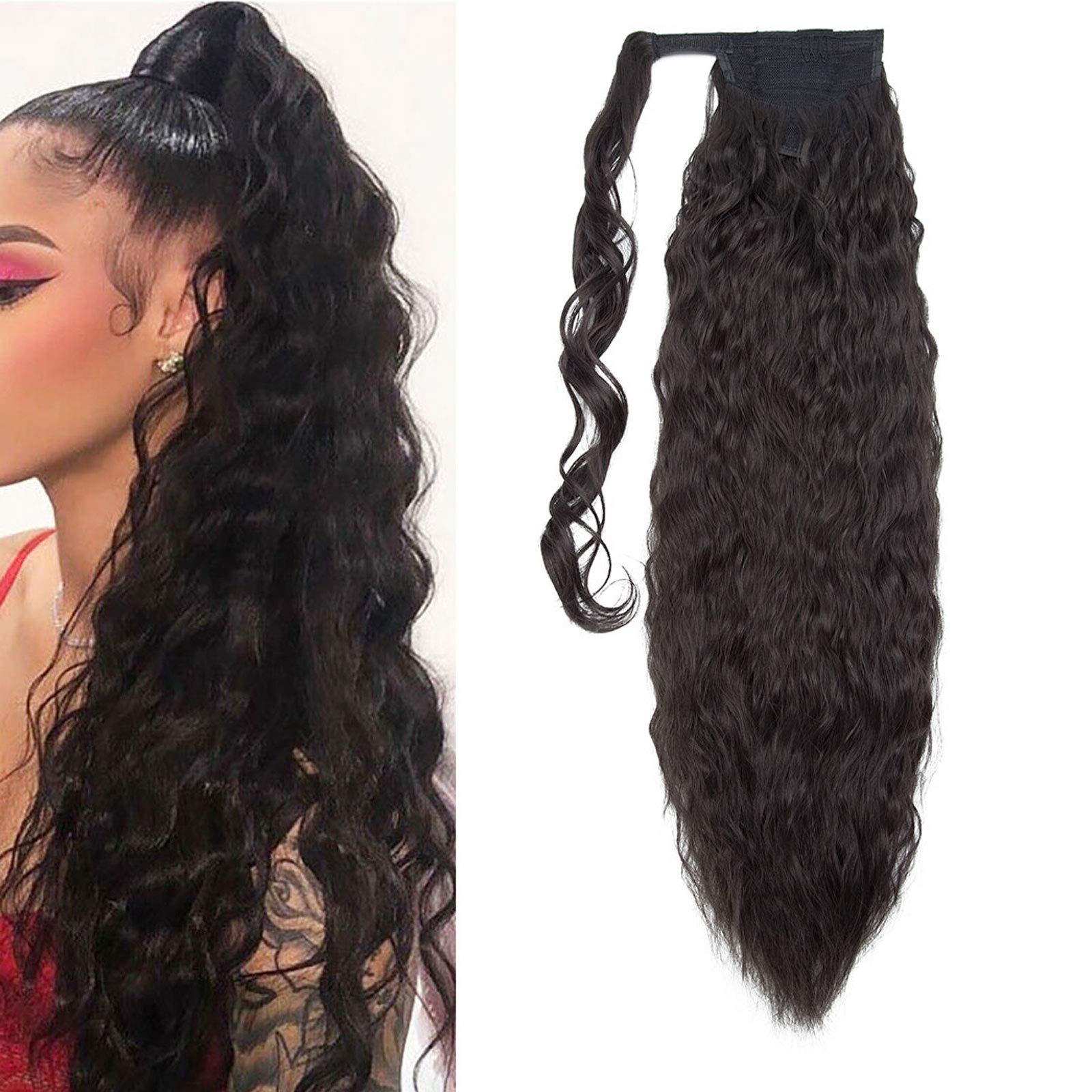 Magic Paste Wrap Around Ponytail Extensions Long Corn Wave Ponytail Hairpiece Clip on Ponytail Hair Extensions for Women 26 Inch - Natural Black